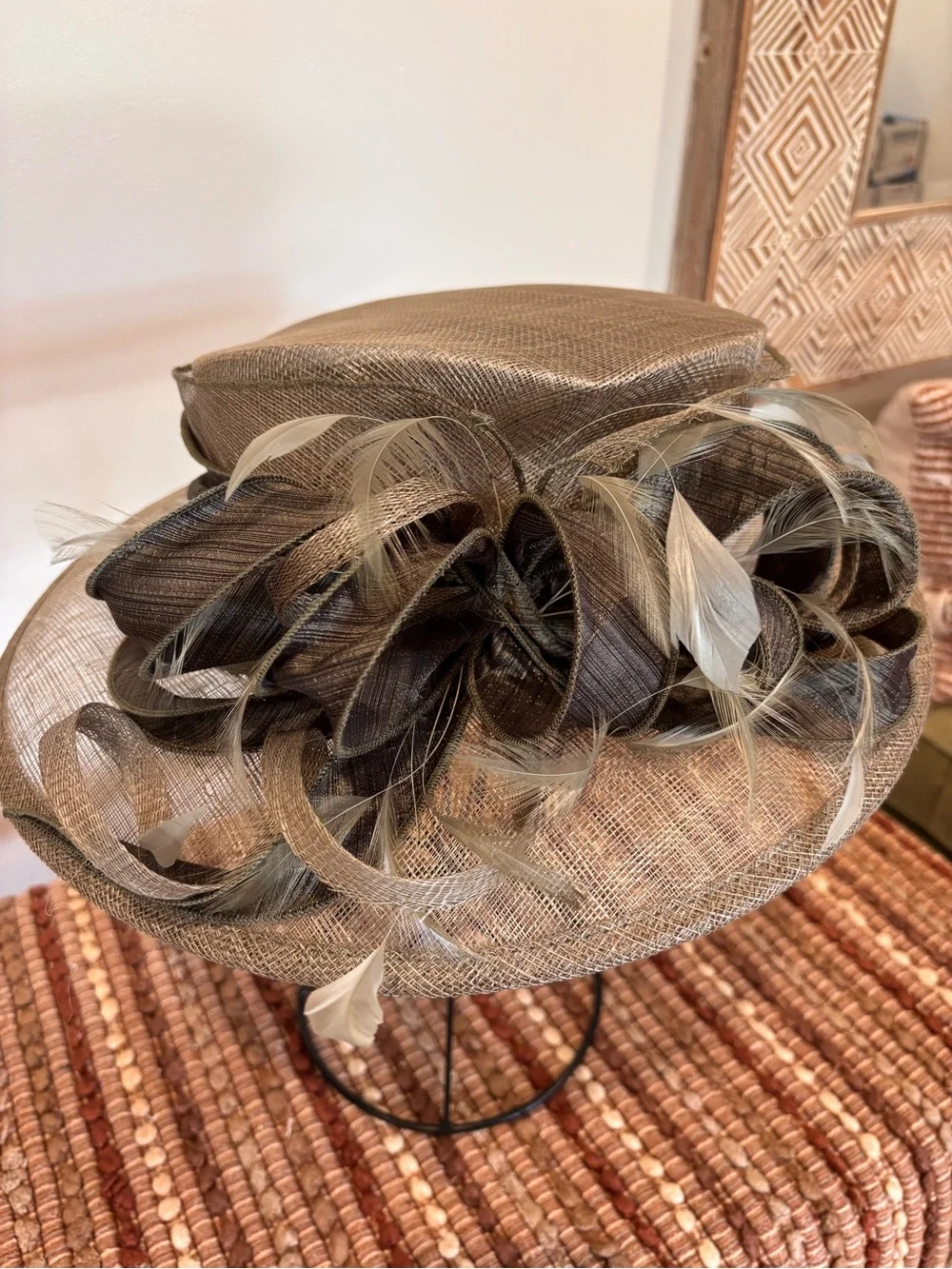 Hats by Katie Couture Sinamay Kentucky Derby Wedding Hat Taupe Brown Feather - Picture 4 of 8